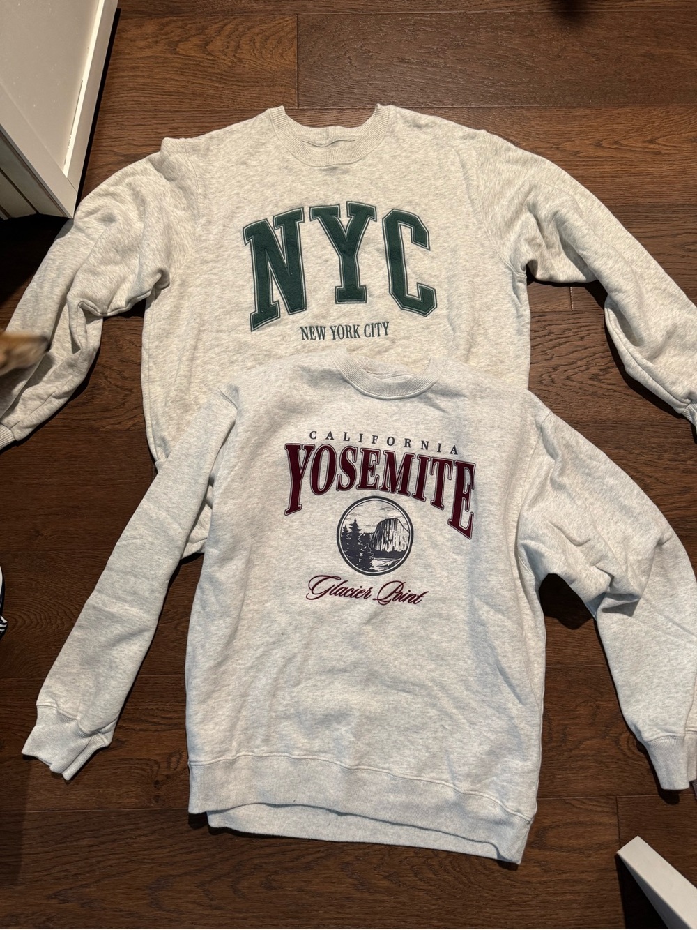 Hollister Light Gray Crewnecks with Green NYC and Maroon Yosemite Prints